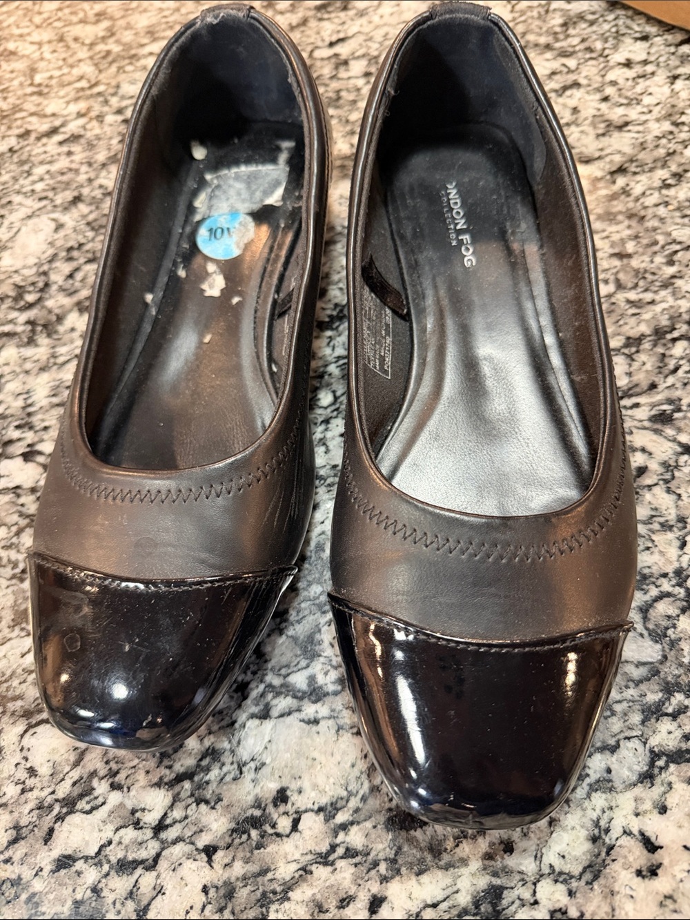 London Fog Black Two-Tone Patent Cap Slip-On Flats